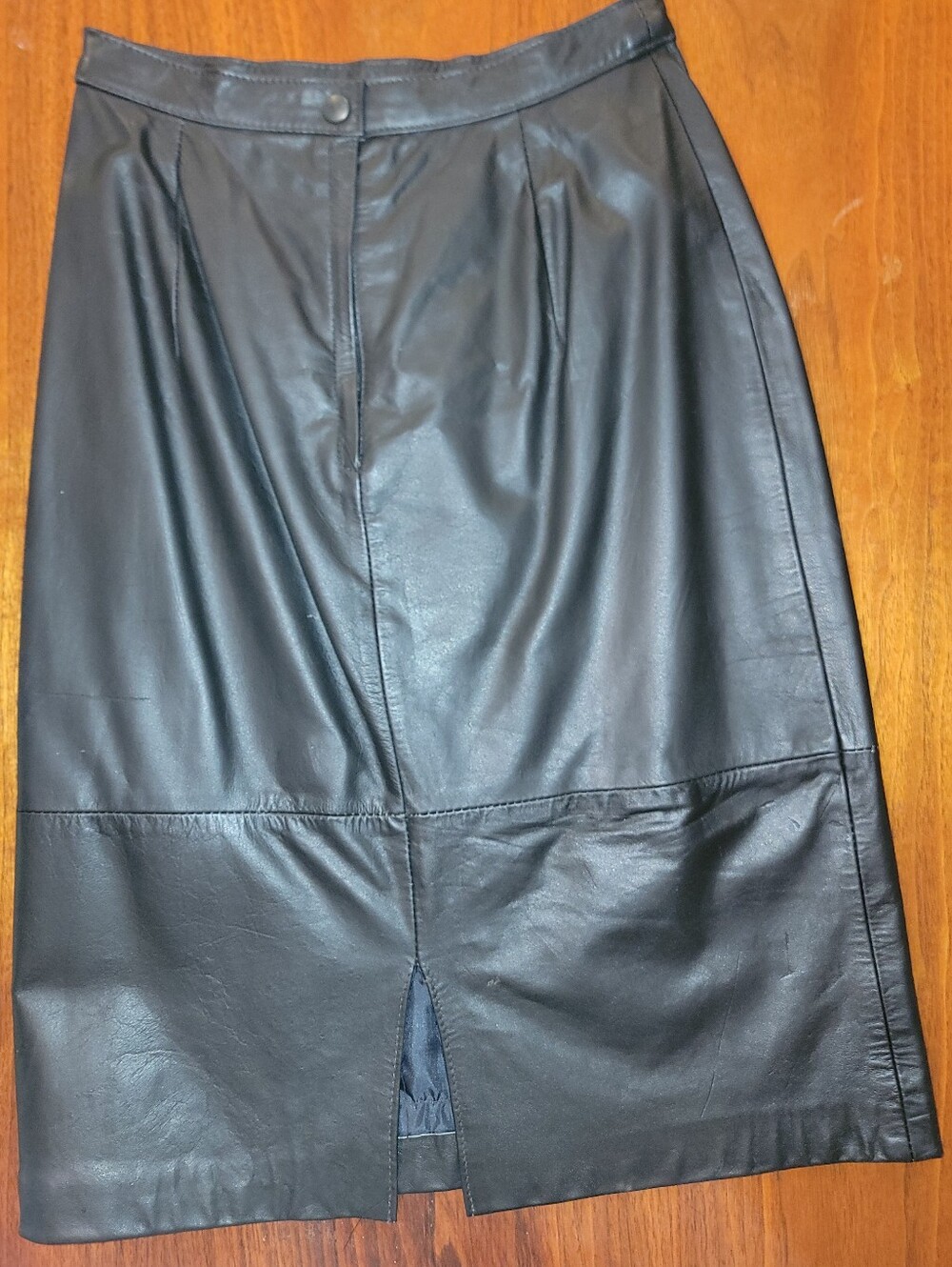 VTG Comint Black Leather Pencil Skirt High Waist Split Front Midi Size 5/6 - Picture 15 of 16